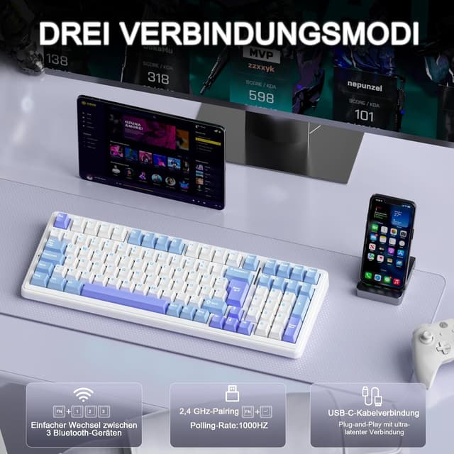 Detalle de AULA F99 mechanische Gaming-Tastatur (kabellos) mit QWERTZ, Hot Swap, BT5.0/2,4 GHz/USB-C und RGB