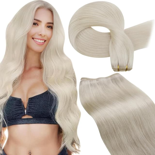 Detalle de LaaVoo Echthaar Extensions Tressen (Platinblond, #60), zum Einnähen – 80 g, 30 cm