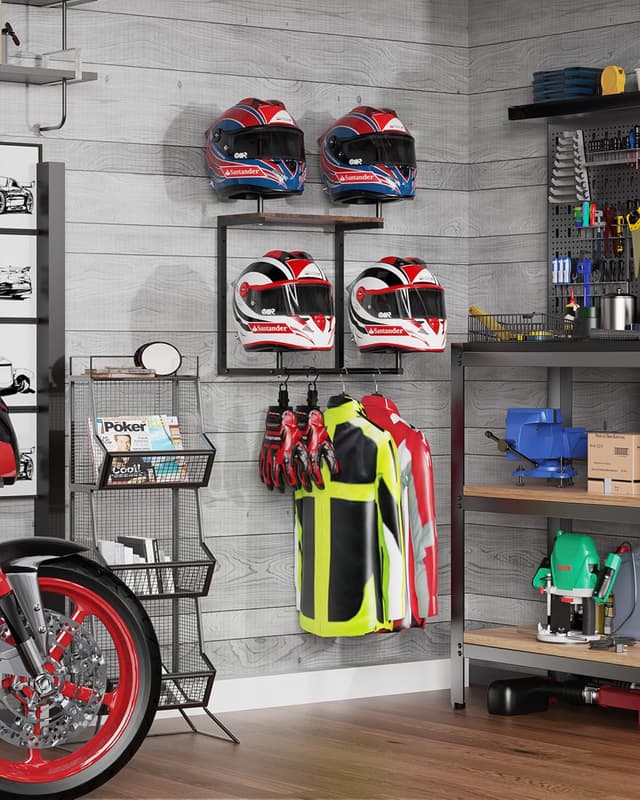 Detalle de THYGIFTREE Helmhalter Wandhalterung für Motorradhelm – Wandaufhängung mit Schublade und Plattenständer (braun)