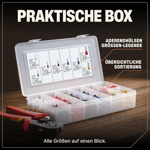 Detalle de BAURIX® Aderendhülsen Set (1200 Stück) isoliert 0,5–10 mm², farbcodiert nach DIN 46228-4