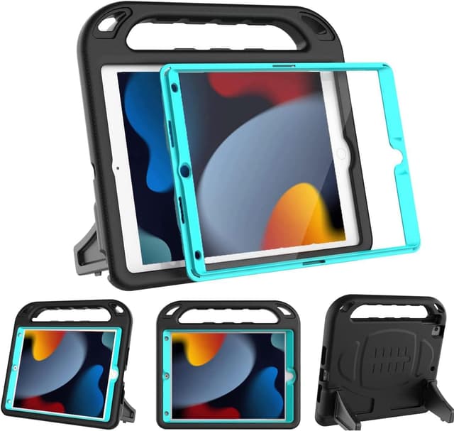 Detalle de Surom Kids Case for iPad 10.2 (2021/2020/2019) with Built-in Screen Protector – Shockproof Handle Stand (Black & Turquoise)