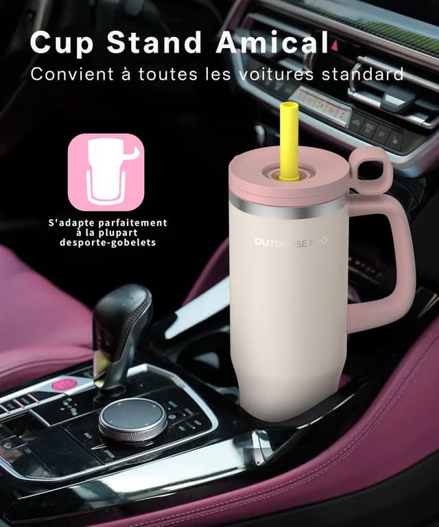 Detalle 2 de Mug Isotherme Isotherme avec paille et poignée 1200 ml, couvercle étanche (beige)