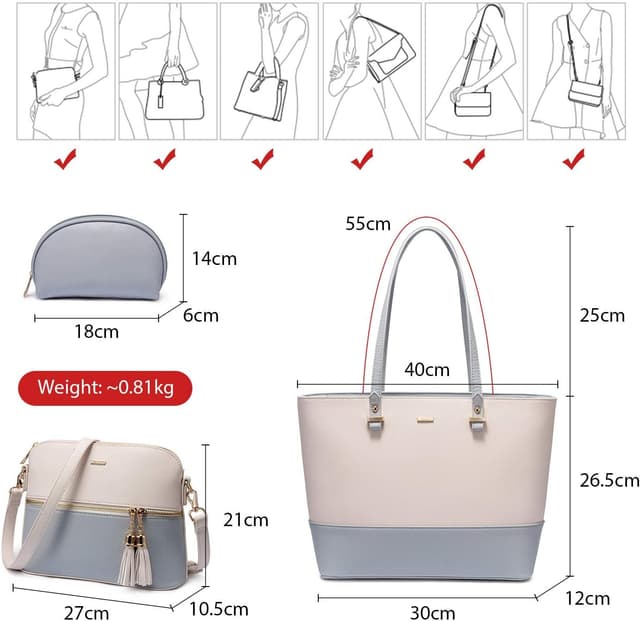 Detalle de LOVEVOOK 3-teiliges Damen-Set Handtasche Shopper & Schultertasche mit Geldbörse (synthetisches Leder)