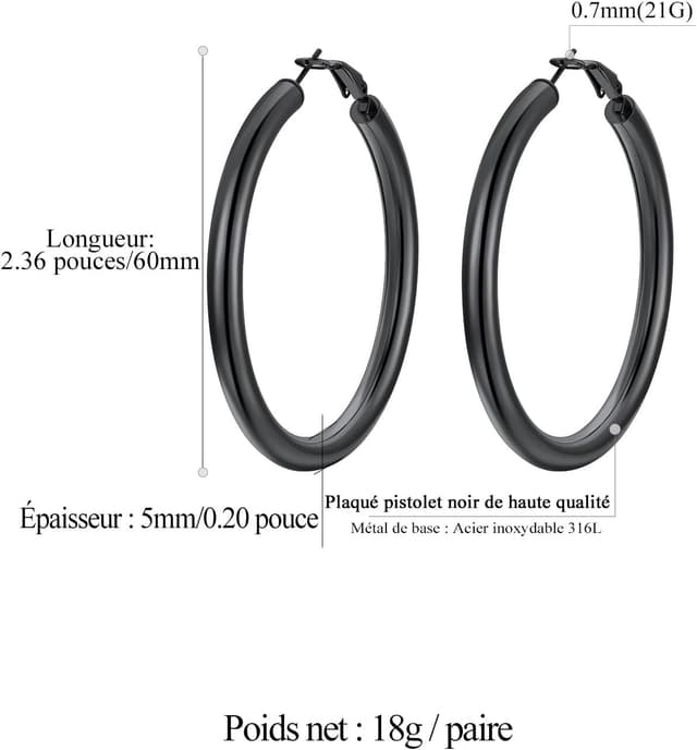Detalle 2 de FindChic créoles en acier inoxydable femme 20/30/40/60/80 mm (argenté, doré, noir) avec fermoir à homard