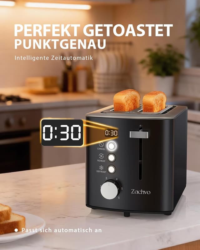 Detalle de Edelstahl 2-Scheiben-Toaster mit LED-Countdown & Brötchenaufsatz – extra breite 3,5 cm Schlitze, 6 Bräunungsstufen (mattschwarz)