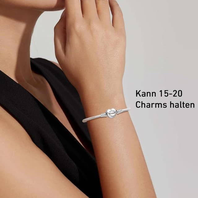 Detalle de APUUESN Sterling-Silber Charms-Armband mit Logogravur (Moments-Serie, Herzverschluss) 17–21 cm