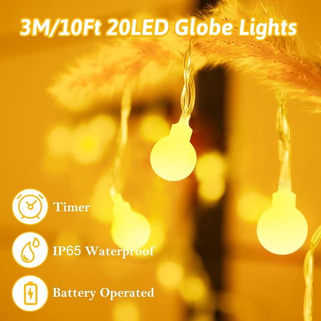 Detalle de FFZZKJ Kugel-Lichterkette mit Batterie, Timer und IP65 (Außen/Innen), 3 m, 20 warmweiße LEDs