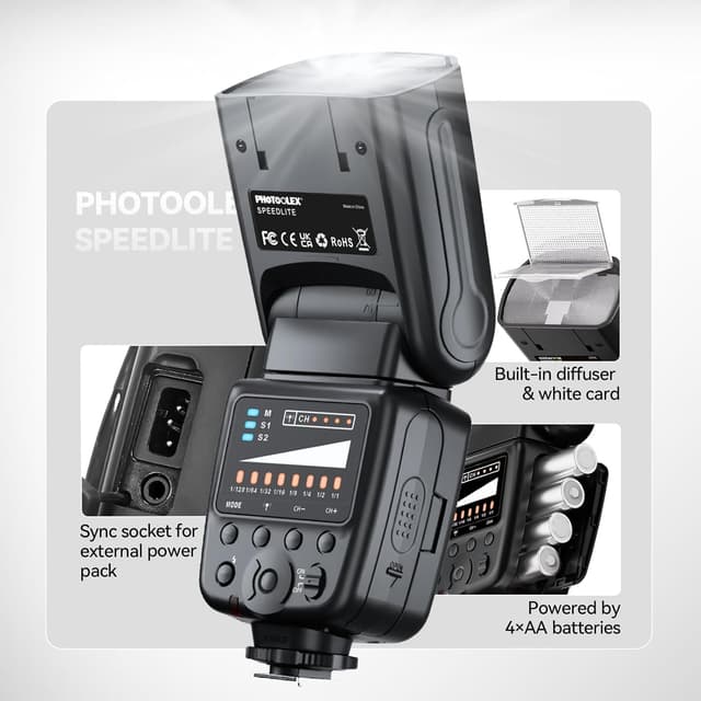 Detalle de PHOTOOLEX Speedlite con slitta hot shoe a contatto singolo GN33 per Canon, Nikon, Sony e altre SLR mirrorless