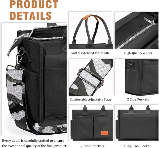 Detalle de Captain Blues Canvas Tasche Damen – große Tote Bag mit Reißverschluss, Fächer & Schultergurten für Uni & Arbeit