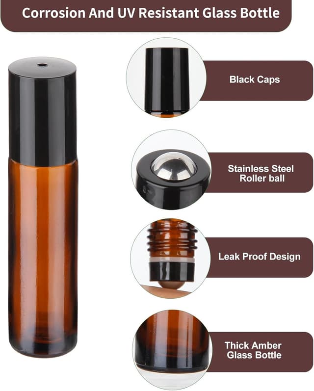 Detalle de Hyber&Cara 10ml Glass Roll-On Bottles (12 pack) with Stainless Steel Roller Balls