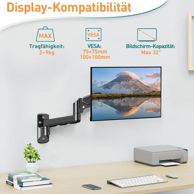 Detalle de ELIVED EV023-DE : bras à ressort à gaz mural pour écran PC 13 à 32" (VESA 75x75 / 100x100, jusqu’à 8 kg)