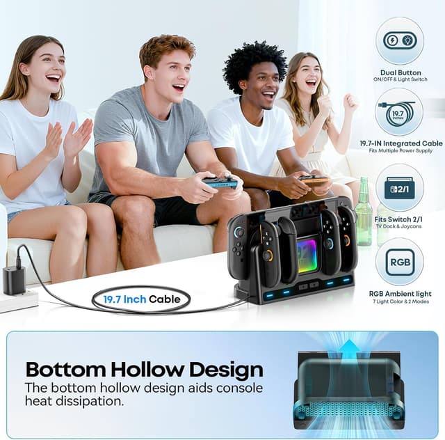 Detalle 2 de Tokluck Joy-Con and Switch Controller Charging Dock with 9 RGB Light Modes