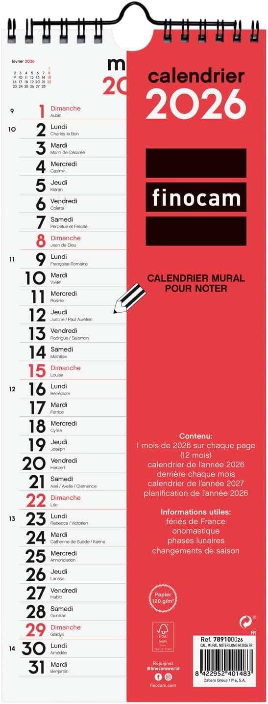 Detalle de Calendrier mural 2026 Finocam (janvier à décembre 2026) – planificateur mensuel neutre