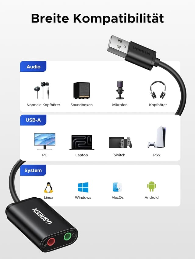 Thumbnail 6 de UGREEN Externe USB Soundkarte Klinke Adapter Schwarz