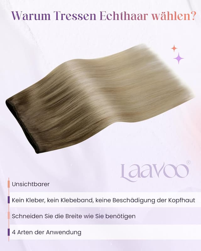 Detalle de LaaVoo Extensions Tressen Echthaar Ombre Braun (Remy) – Sew-in/Weft Haarverlängerung zum Einnähen, 100 g, 50 cm