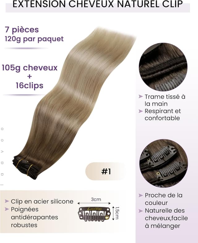 Detalle 2 de LaaVoo Extensions de cheveux naturels à clip balayage marron clair–blond cendré–platine, 50 cm (7 pcs / 120 g)