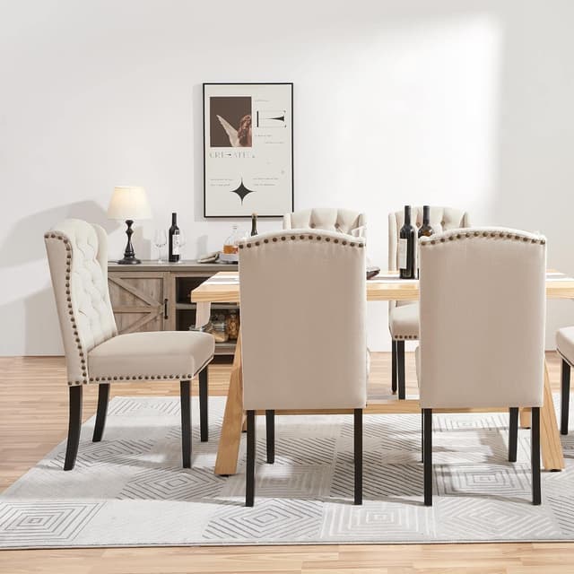 Detalle de Yaheetech Upholstered Button Tufted Dining Room Chairs (Set of 2) with Nailhead Trims and Solid Legs, Beige