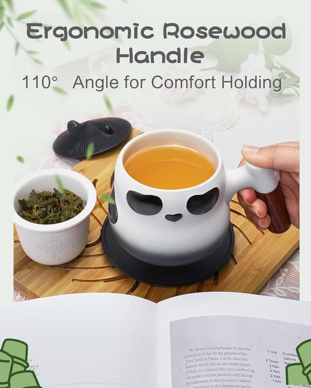 Detalle de ZENS Panda Tea Cup with Infuser and Lid (330 ml) in Ceramic & Wood – Black and White