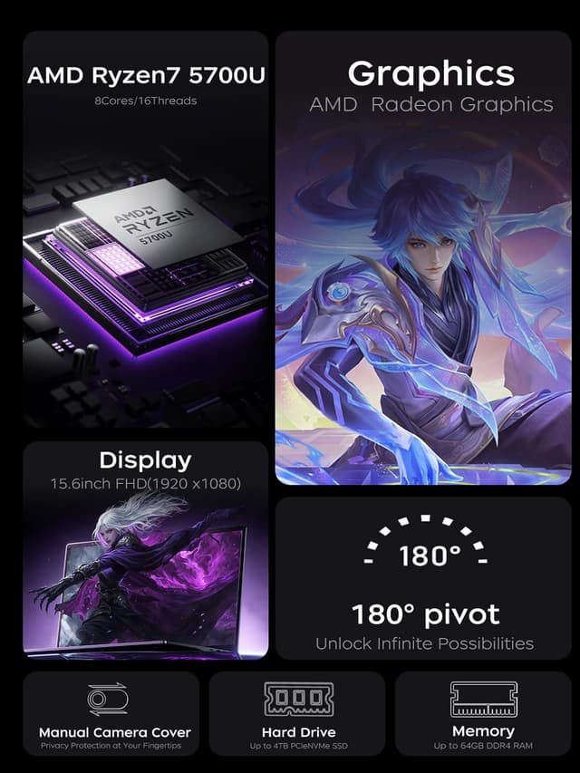 Detalle 2 de ACEMAGIC Gaming Laptop 2025 mit Ryzen 7 5700U, 16 GB RAM und 512 GB NVMe (15,6" FHD)