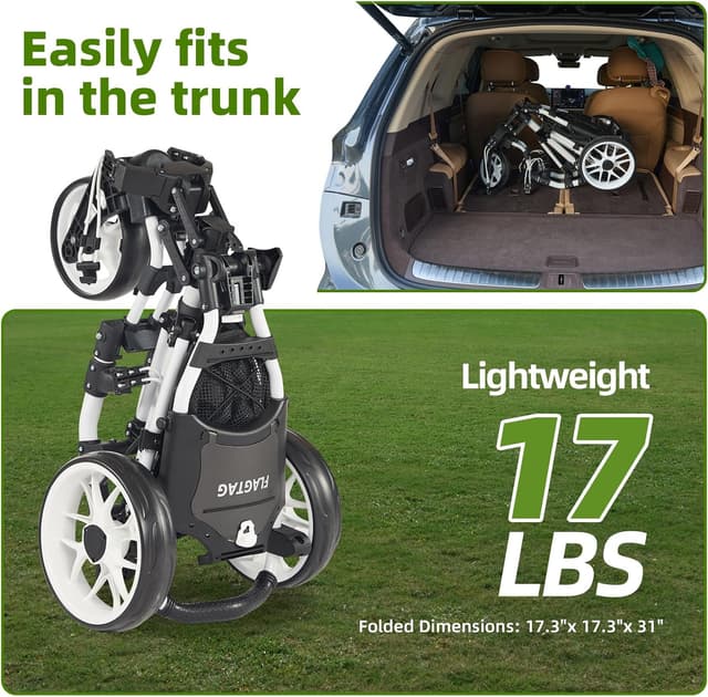 Detalle de FLAGTAG Golf Push Cart (3-Wheel) with 360° Swivel Front Wheel, Foldable Design & Foot Brake