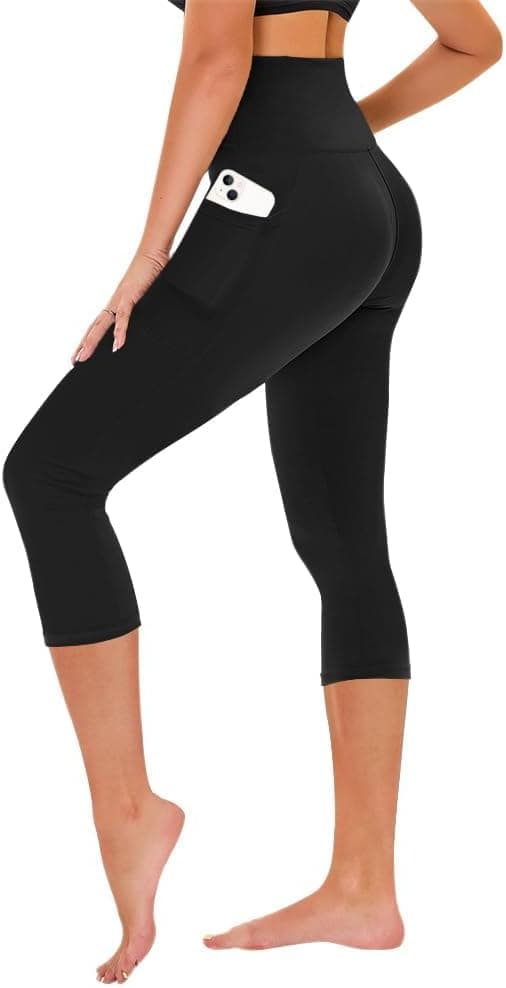 Detalle de TNNZEET Capri Leggings for Women with Pockets, Tummy Control & High Waist (Black)