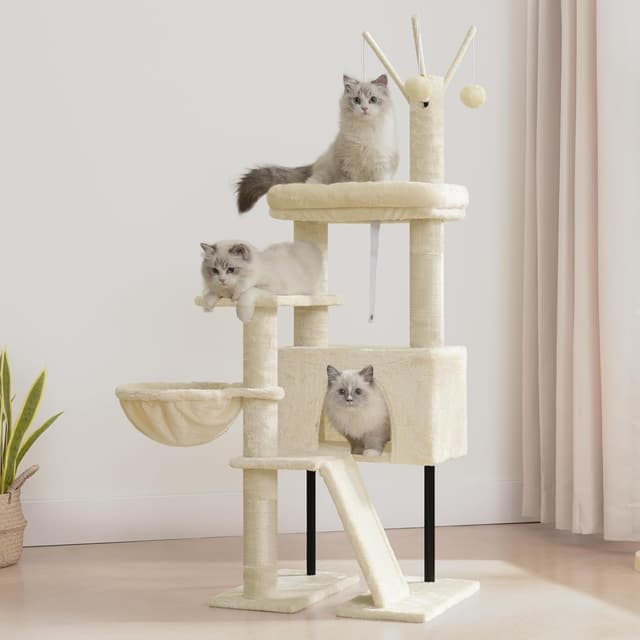 Detalle de Arbre à chat d’intérieur Gitelsnour GCT006SM beige : tour de jeux avec griffoirs, hamac et plateforme amovible