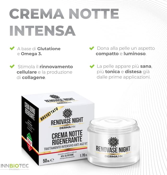 Detalle de Renovase Night Crema Notte Viso Antirughe per Uomo e Donna con Acido Ialuronico, Acil Glutatione e Omega 3