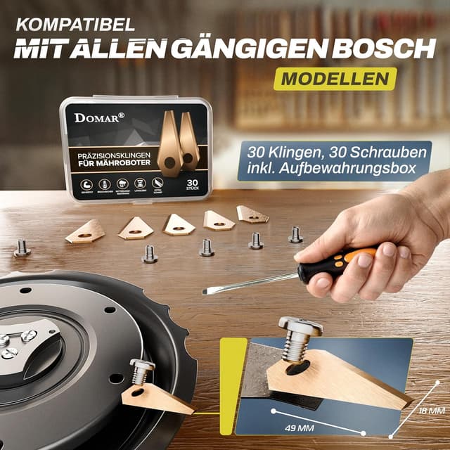 Detalle de Domar Mähroboter-Messer für Bosch Indego (inkl. Schrauben) – Ersatzklingen aus Edelstahl mit Titanbeschichtung