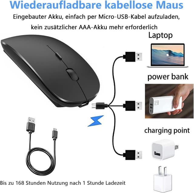 Detalle de LEAPEST Dual-Mode kabellose Bluetooth Maus mit USB-C/USB 2,4-GHz für MacBook, iPad, Laptop & Desktop (schwarz)