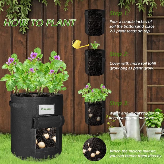 Detalle de Potato Grow Bags 4 Pack (15 Gallon) Breathable Planter Bags with Handle – 2 Black & 2 Grey