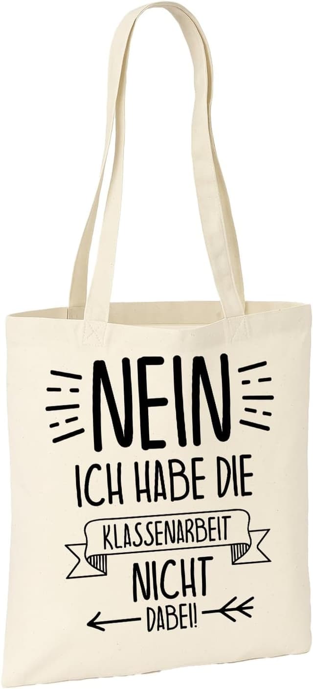 Detalle 2 de Baumwolltasche mit Spruch „nein ich habe die Klassenarbeit nicht dabei“ – OM3 Stoffbeutel mit langen Henkeln