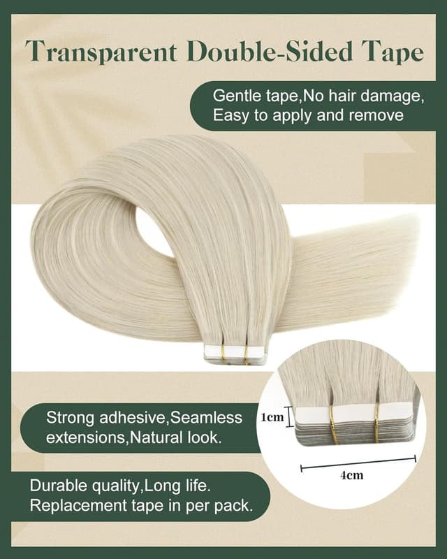 Detalle de Ugeat Tape-in Extensions Echthaar Blond (Platinblond) 55 cm, 50 g, 20 Stück – Remy, flache Tape-Strips