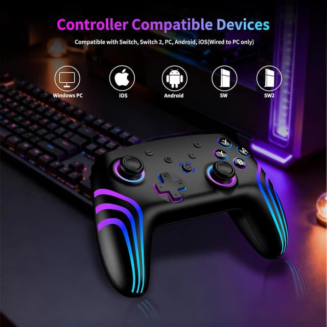Detalle 2 de Riscvma 2er Wireless-Controller Set für Switch/Switch 2/Switch Lite/OLED/PC – RGB, Dual-Vibration, 6-Achs-Gyro & Turbo
