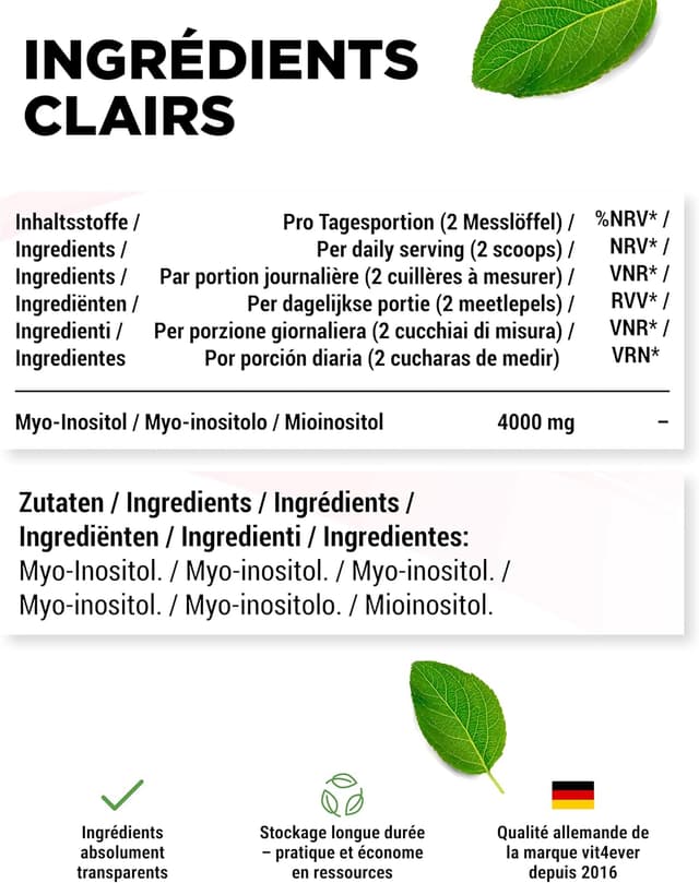 Detalle de Inositol Pure 300 g (myo-inositol) en poudre — 4000 mg par dose journalière, goût neutre, cuillère doseuse