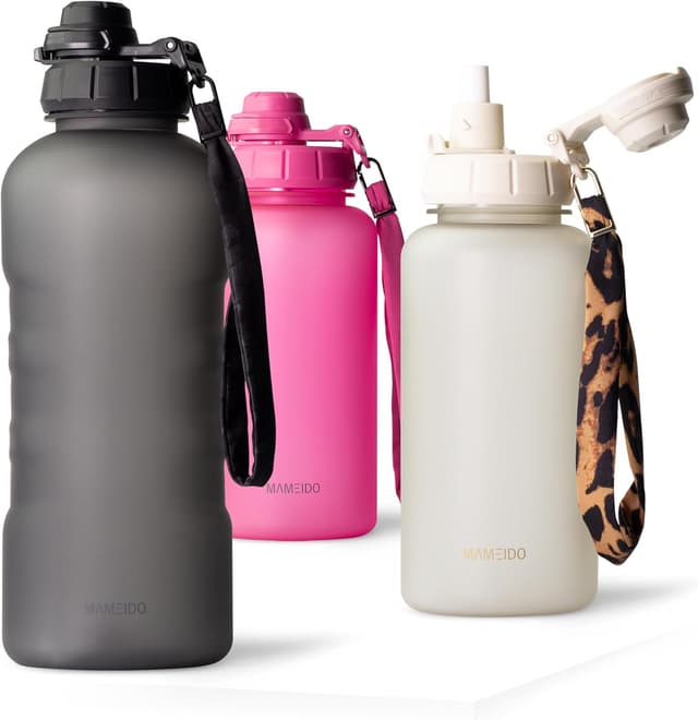 Detalle de MAMEIDO Trinkflasche mit Strohhalm, Zeitmarkierung & 2 l Fassungsvermögen (auslaufsicher, BPA-frei, Tritan) – Carbon Grey