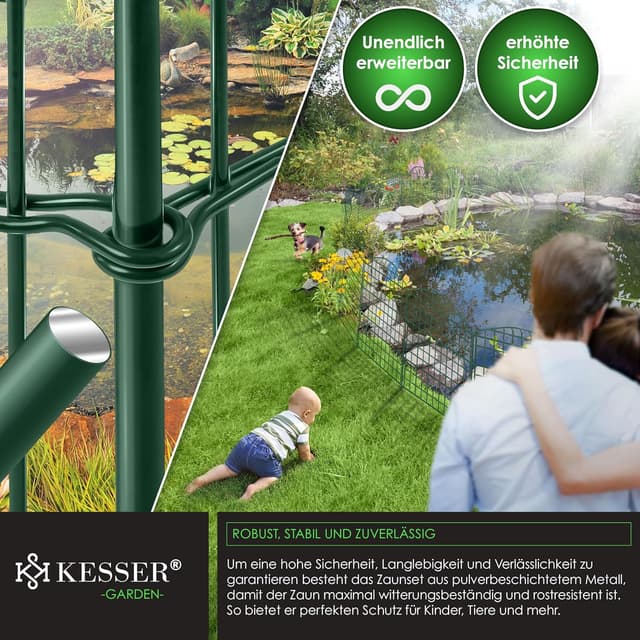 Detalle de KESSER Teichzaun Steckzaun Komplettset aus Metall mit Oberbogen (inkl. Handschuhe, Hammer & Befestigungsstäben)