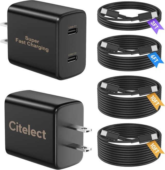 Detalle de Super Fast Samsung Type-C Charger 2-Pack (45W Dual Port) + 4 USB-C to USB-C Cables (60W) with Long 3/6/10/10FT
