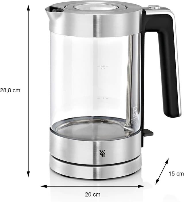 Detalle de WMF Lono Glas-Wasserkocher mit Kalkfilter (1,7 Liter, 3000 Watt) – kabellos, mattierter Edelstahl