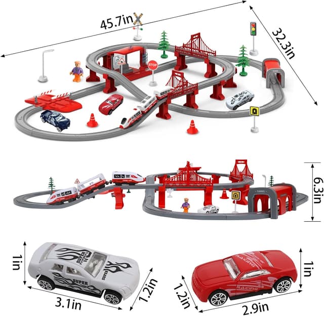 Detalle 2 de XIAPIA 104-piece electric train set with magnetic track pieces, tunnel/bridge and police-theme vehicles (age 3+)