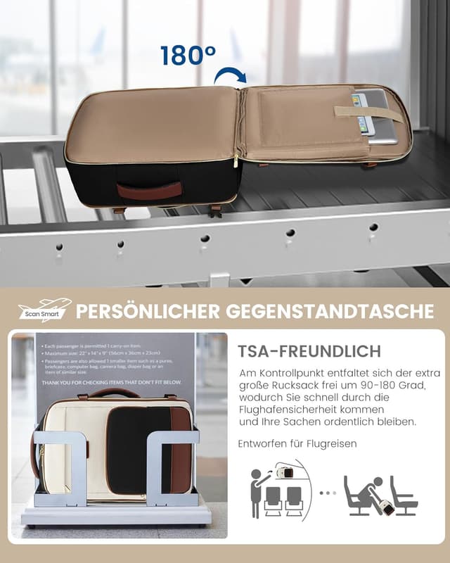 Detalle de LOVEVOOK Handgepäck Rucksack für 17,3 Zoll (40L) – 45x30x20 cm, wasserdichtes Reise- und Business-Backpack in Schwarz Beige Braun