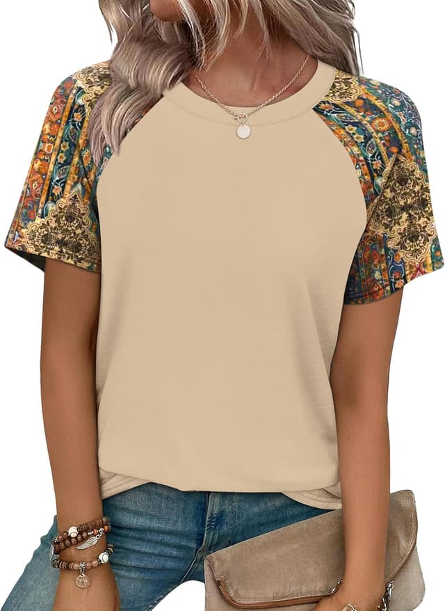 Thumbnail 6 de WIHOLL Women’s Summer Short-Sleeve Crew Neck Tops with Curved Hem (Trendy Pleated Front)