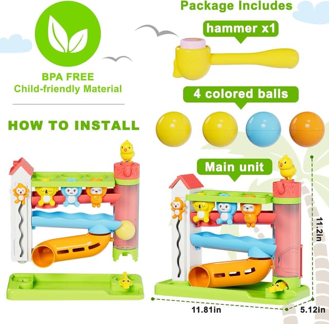 Detalle 2 de Ussybaby Toddler Musical Ball Drop & Pound Toy (Forest Theme) for Ages 12–18 Months+ (Green)