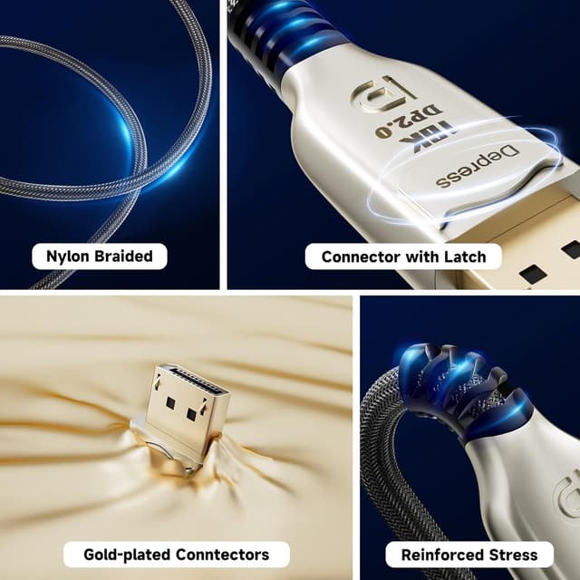 Detalle de BolAAzuL DisplayPort Cable 4K 144Hz (3m) – DP 2.0 UHBR20, locking DP male to DP male, up to 16K