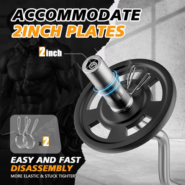 Detalle 2 de LAVVON Olympic EZ Curl Barbell Bar 47in (2-inch) with Spring Collars – 500lb capacity chrome curl bar