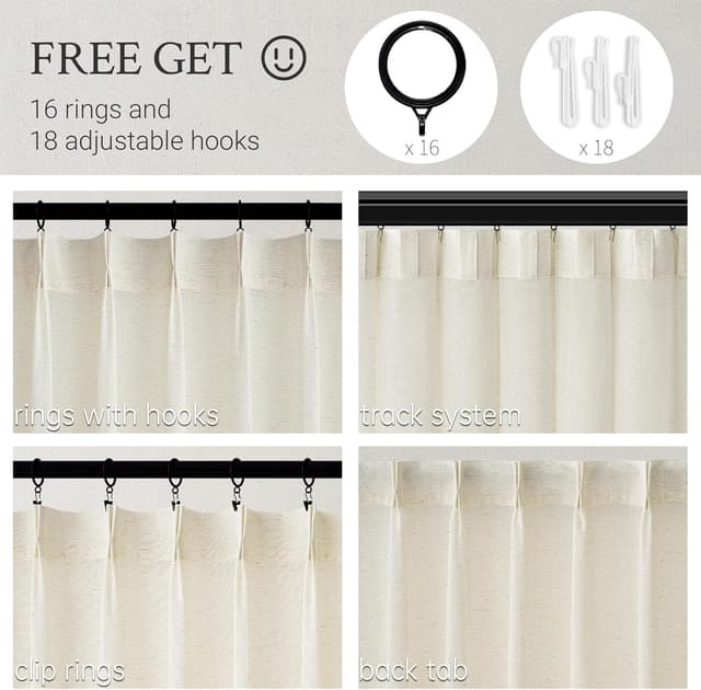 Detalle 2 de Topfinel 94-Inch Pinch Pleat Linen Curtains (Set of 2 Panels) in Birch