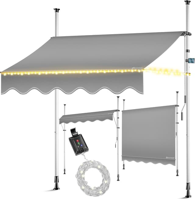Detalle de KESSER Klemmmarkise mit Handkurbel & LED-Lichterkette (Balkonmarkise ohne Bohren) – höhenverstellbar, UV-beständig