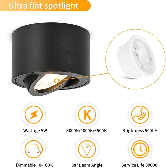 Detalle de GeyouLux LED Aufbauspot dimmbar Extra Flach 30° schwenkbar (2 Stück) Ø80x50 mm, Schwarz – 5 W, 3CCT 3000K/4000K/6500K