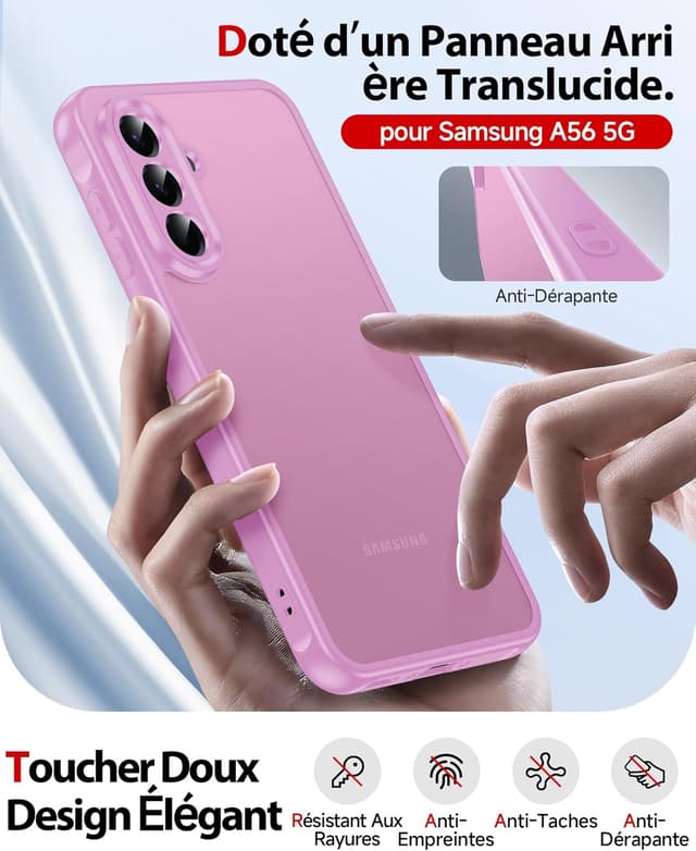 Detalle de Coque LeYi pour Samsung Galaxy A56/A56 5G avec 2 verres trempés et protection caméra/écran (rose carmin)