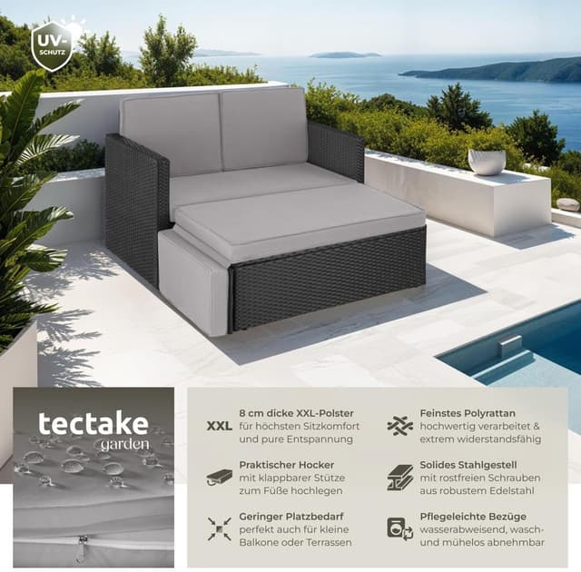 Detalle de tectake® Sofa Set mit Schlaffunktion: 2-Sitzer Sessel + Hocker für Outdoor, klappbar, schwarz