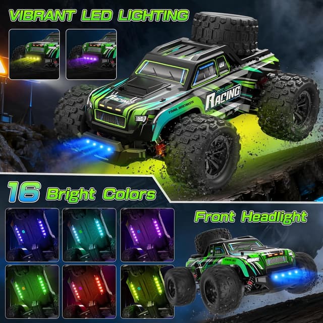 Detalle de BAZADER Voiture Télécommandée Tout Terrain 1:16 4x4 2,4 GHz avec lumières RVB et 2 batteries rechargeables
